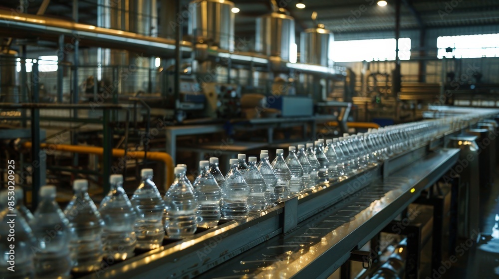 Fototapeta premium Water Bottling Line in Modern Beverage Factory. Industrial production line