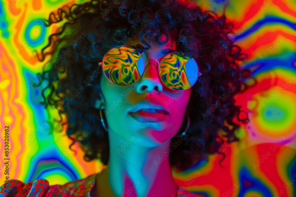 A vibrant portrait of a woman wearing reflective sunglasses, surrounded by psychedelic colors and patterns. A vibrant portrait of a woman wearing reflective sunglasses, surrounded by psychedelic colors and patterns.