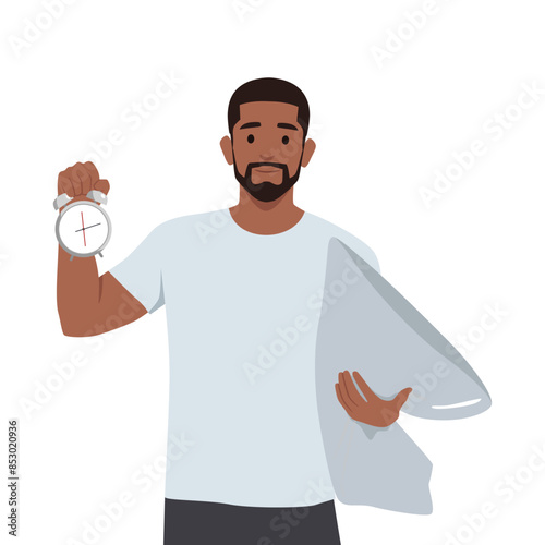 Young man standing with a pillow and a clock. Flat vector illustration isolated on white background