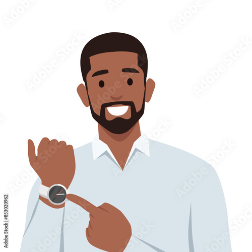 Young bearded man pointing or showing time on his wrist watch. Flat vector illustration isolated on white background