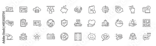 Work time, Vip transfer and Transform line icons. Pack of Online documentation, Reject web, Promotion bell icon. Air fan, Piggy bank, 24 hours pictogram. Chemistry lab, Calendar, Engineering. Vector