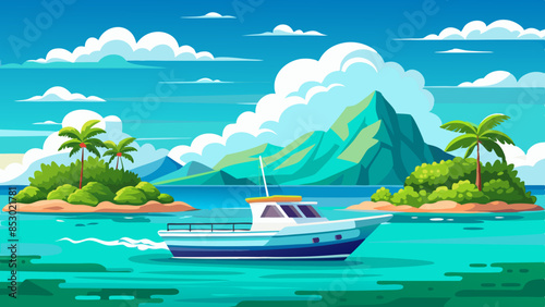A boat in turquoise ocean water with a backdrop of blue sky, white clouds, and a tropical island. A perfect natural landscape for a summer vacation