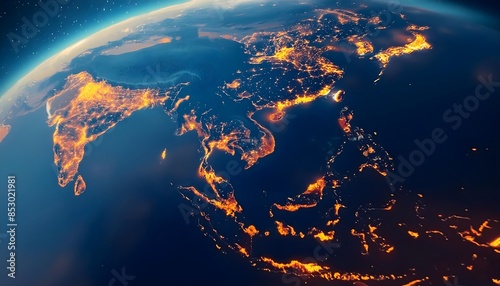 Satellite view of Earth globe from space, city lights by night, Asia map, China India photo