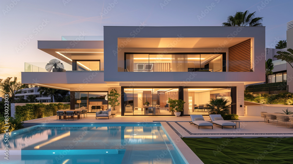 Fototapeta premium Modern villa with open plan living with swimming pool