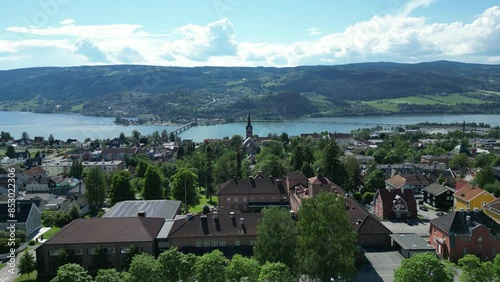 Lillehammer upper secondary school, Søndre park, Lillehammer church and Vingnesbrua in a row