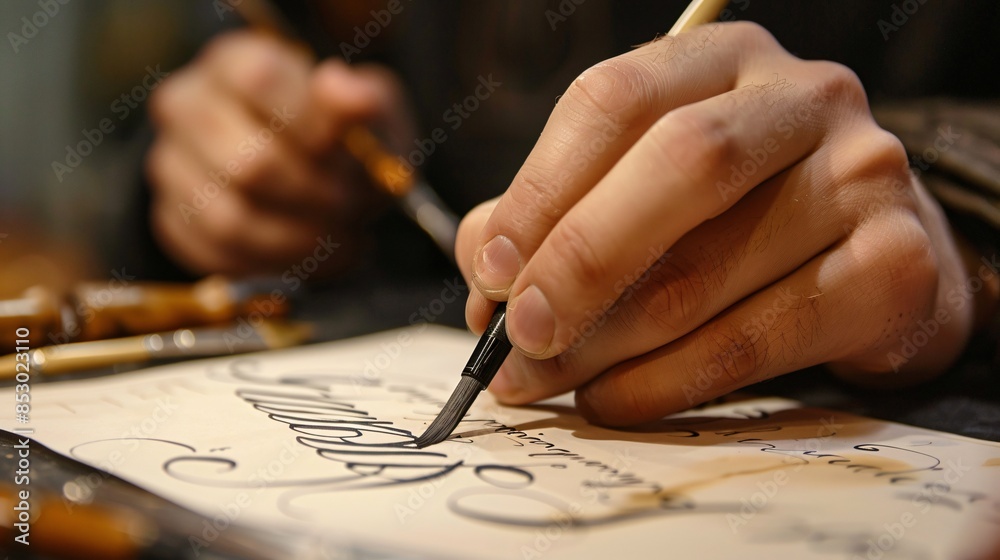 A person practicing calligraphy, with a brush pen in hand and elegant strokes forming letters on quality paper A person practicing calligraphy, with a brush pen in hand and elegant strokes forming letters on quality paper