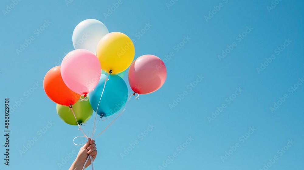 An individual holding a bunch of colorful balloons against a clear blue sky, capturing the joy of a celebration An individual holding a bunch of colorful balloons against a clear blue sky, capturing the joy of a celebration