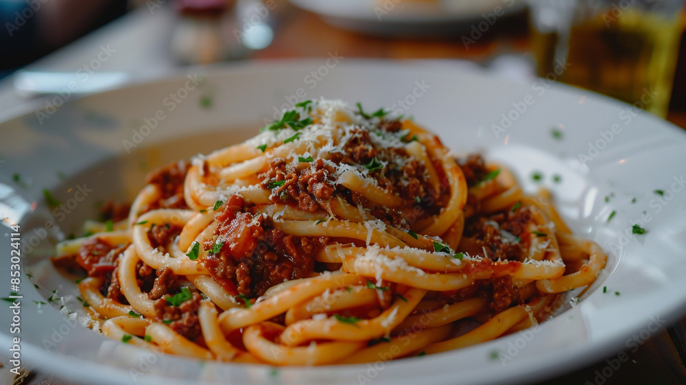 A flavorful meat sauce, sprinkled with chopped basil and a dash of black pepper, modern kitchen spaghetti served with a rich meat-based Bolognese sauce, steaming plate of spaghetti generously.
