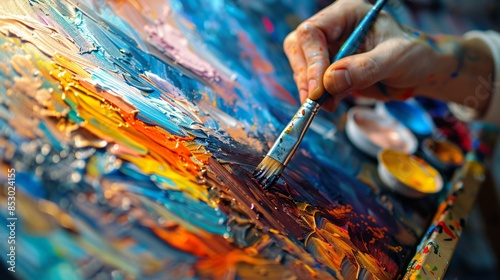 An individual painting a landscape on an easel, the vibrant colors of the paint palette and canvas in focus photo