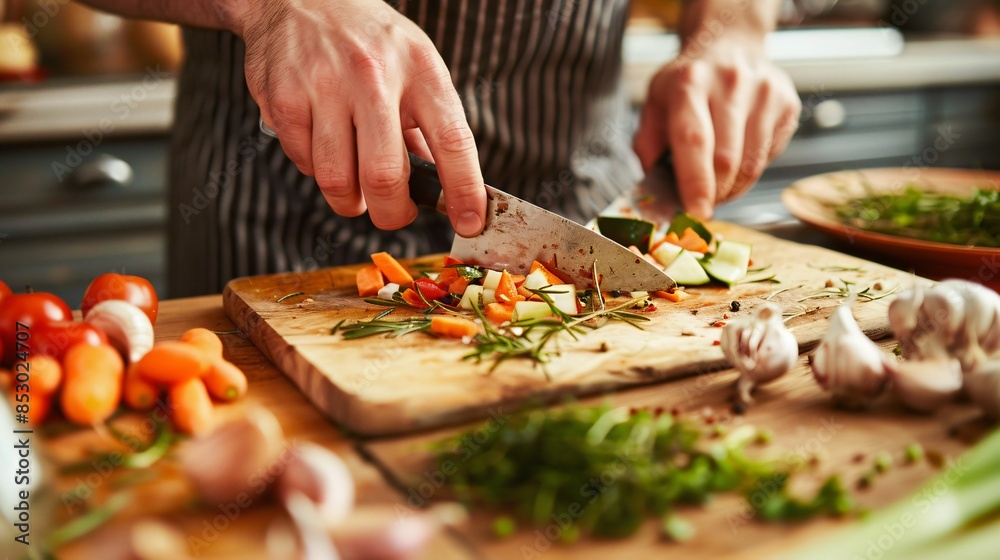 Hands of a cook chopping vegetables on a wooden cutting board, with an array of fresh produce and herbs around Hands of a cook chopping vegetables on a wooden cutting board, with an array of fresh produce and herbs around