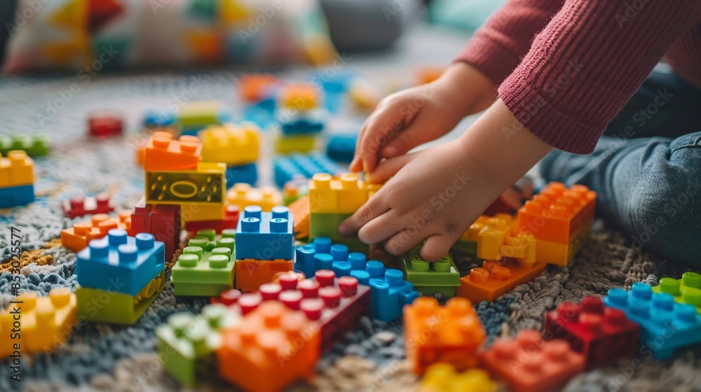 Hands of a kid playing with a child’s toy blocks, building a colorful structure on the floor Hands of a kid playing with a child’s toy blocks, building a colorful structure on the floor