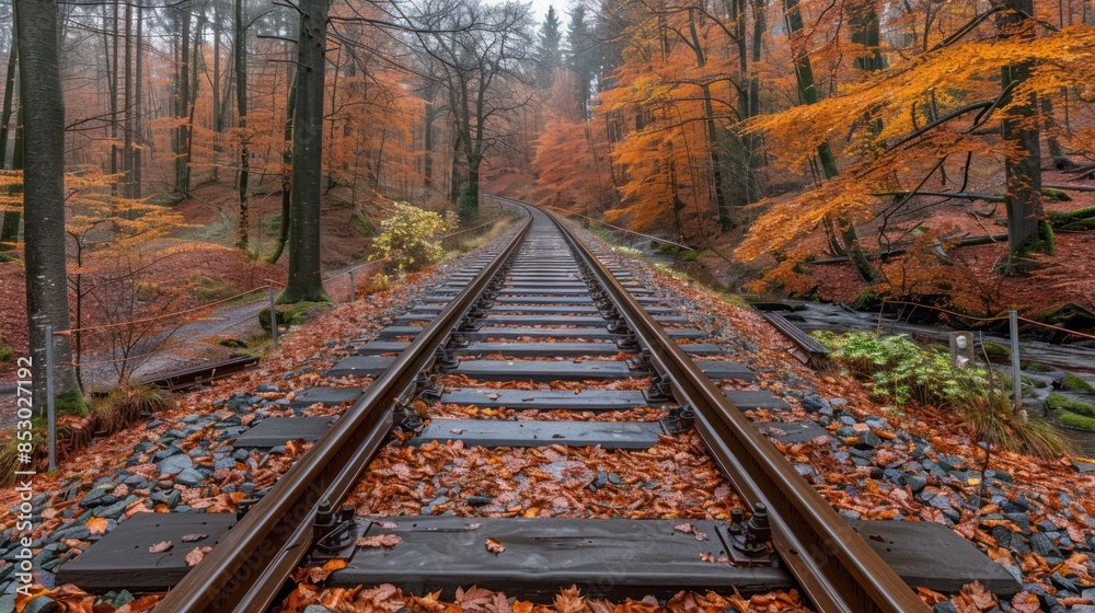 Autumn embraces a railway track through a tranquil forest Autumn embraces a railway track through a tranquil forest