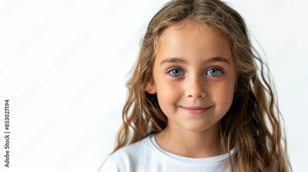 Cheerful Young Girl Smiling Brightly Against a Minimalistic White Background, Exuding Innocence and Joy Cheerful Young Girl Smiling Brightly Against a Minimalistic White Background, Exuding Innocence and Joy