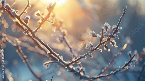 Frosty Spring Morning on Tree Branches