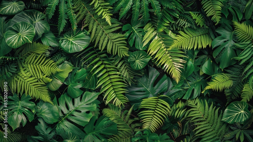 Fototapeta premium Immersed in a sea of vibrant green fern leaves this close up snapshot captures the essence of nature up close Resting flat against a dark backdrop it embodies the lush beauty of tropical fo