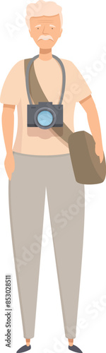 Senior photographer is standing with a camera around his neck and a bag on his shoulder