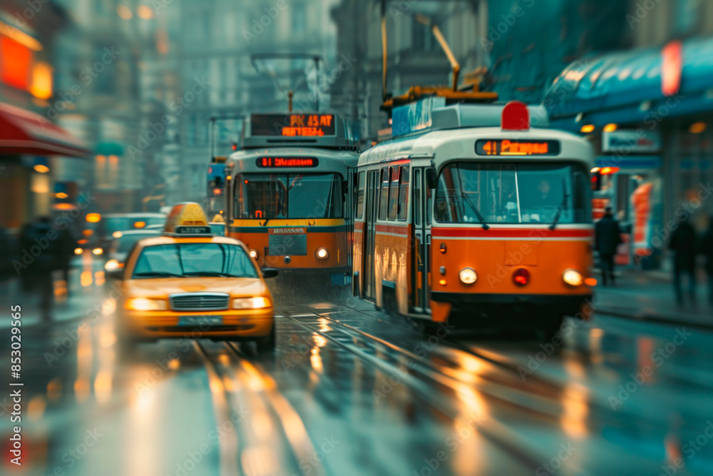 Taxi and trams driving along the street road on a rainy city day. Concept of road traffic and urban congestion. Public transport. Blurred photo in motion Taxi and trams driving along the street road on a rainy city day. Concept of road traffic and urban congestion. Public transport. Blurred photo in motion
