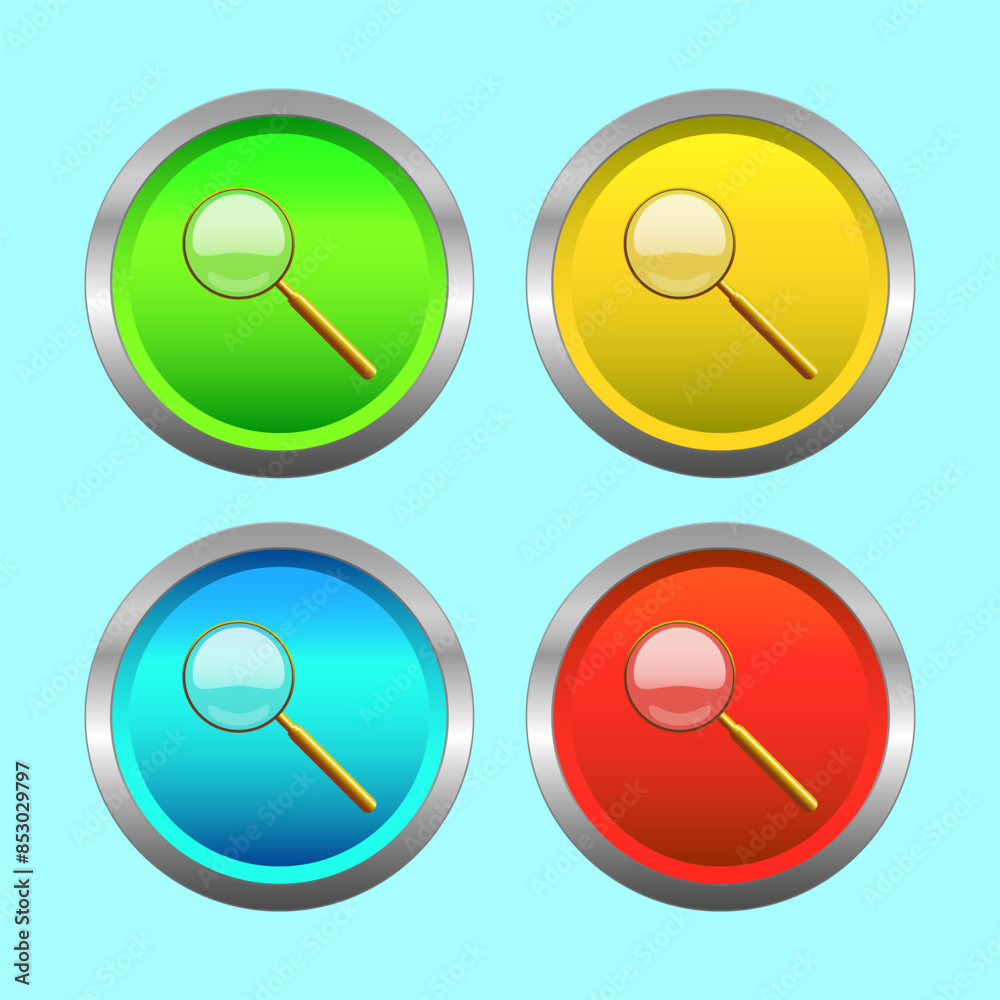 Metal web buttons magnifying glass icon isolated on white background, searching concept. vector illustration. Metal web buttons magnifying glass icon isolated on white background, searching concept. vector illustration.