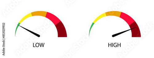 Risk icon on speedometer. High risk meter. High level risk gauge vector icon. High fuel illustration on isolated background. Vector stock illustration.