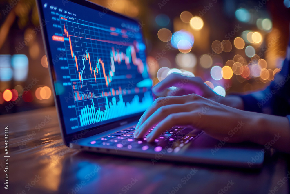 Professional hands working on laptop with financial charts. Demonstrates technology and finance convergence at nighttime, ideal for business and finance-related marketing materials. Professional hands working on laptop with financial charts. Demonstrates technology and finance convergence at nighttime, ideal for business and finance-related marketing materials.