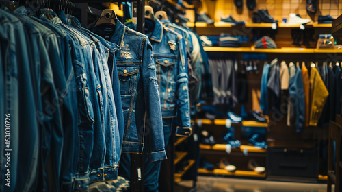 Display of jeans and denim jackets in a clothing store. Properly designed layouts in which jeans are combined with appropriate jackets.