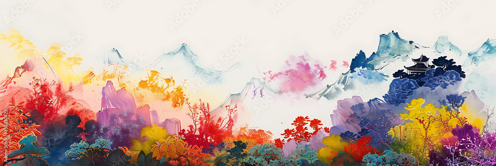 Chinese style watercolor painting of valley and flowers , panorama wallpaper, the beauty of sensitive lines Chinese style watercolor painting of valley and flowers , panorama wallpaper, the beauty of sensitive lines