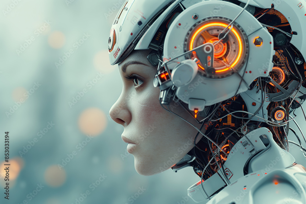 Futuristic cyborg woman profile. Ideal representation of advanced technology, artificial intelligence, and cybernetic enhancements. Suitable for sci-fi, tech, and innovation-themed content Futuristic cyborg woman profile. Ideal representation of advanced technology, artificial intelligence, and cybernetic enhancements. Suitable for sci-fi, tech, and innovation-themed content