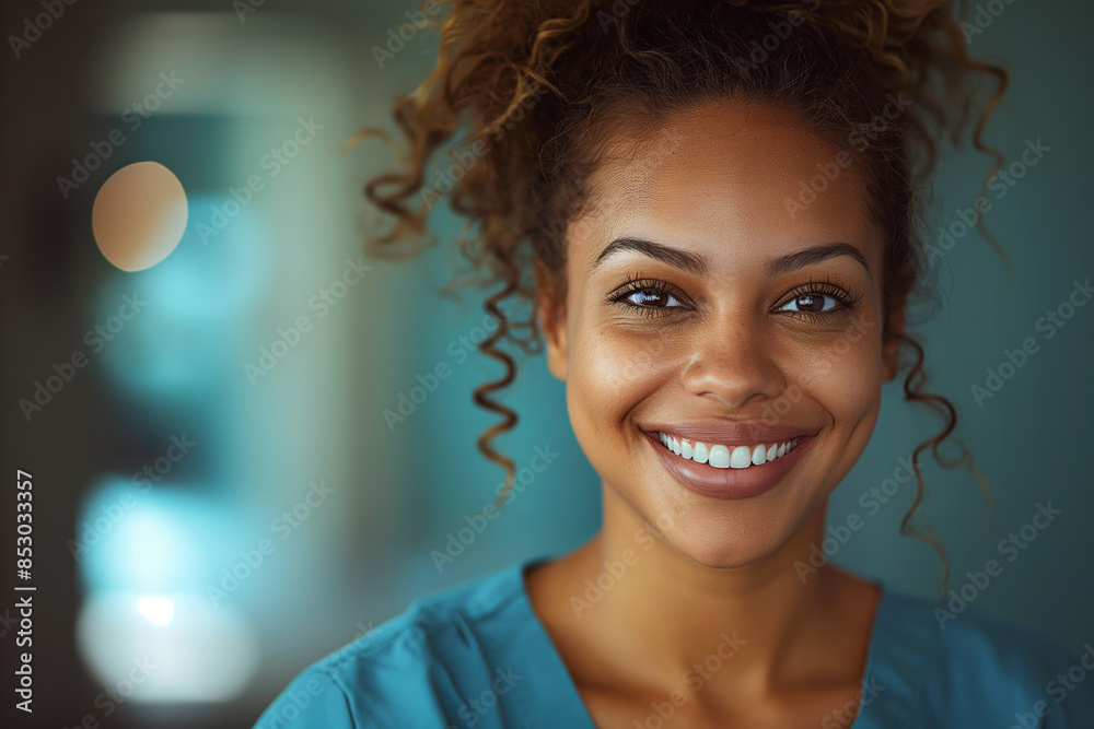 Smiling healthcare professional. A young woman in medical scrubs, radiating confidence and warmth. Ideal for healthcare marketing, patient care themes, and medical editorial use.