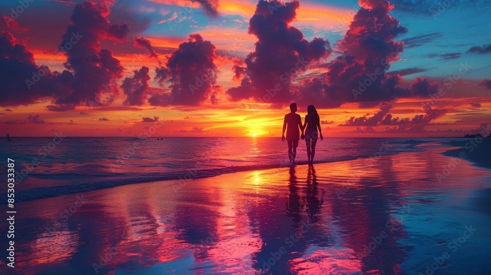 Fototapeta premium Romantic couple on the beach at colorful sunset on background 