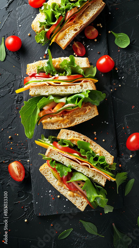 Vertical food background mobile photo banner of vegetable club sandwich with salad in dark background and blank copy space for text edits