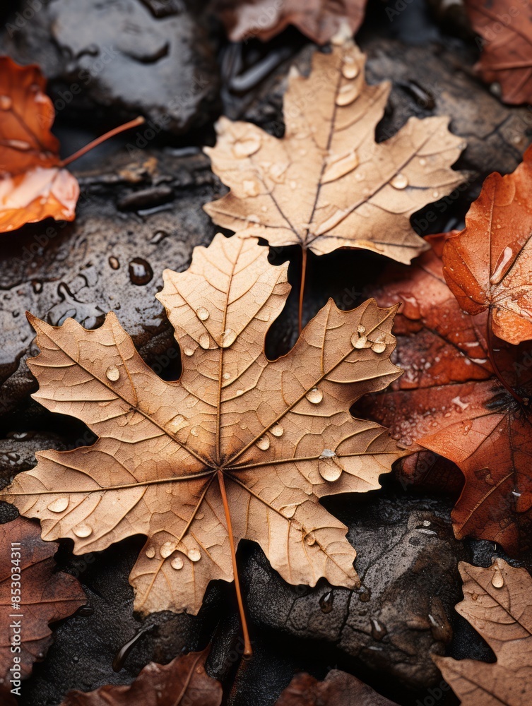 autumn leaves on the ground with water droplets autumn leaves on the ground with water droplets