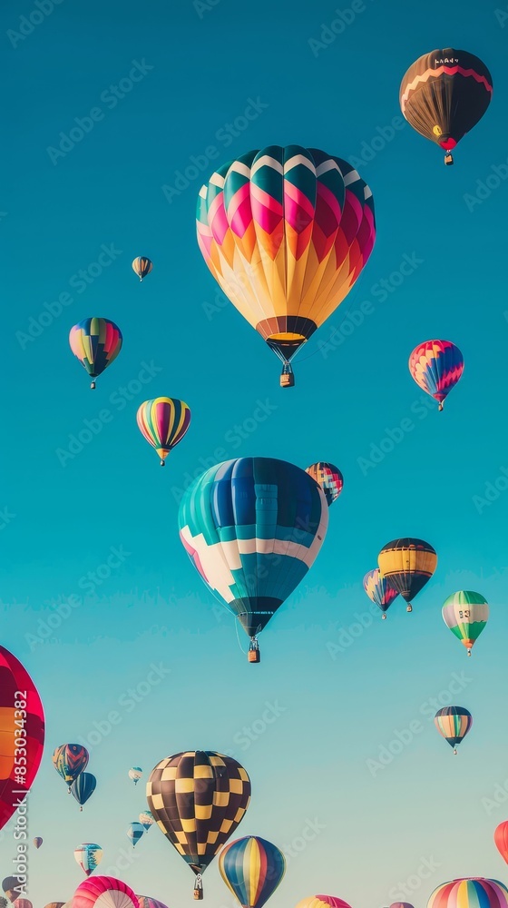 Fototapeta premium A hot air balloon festival at dawn, with colorful balloons lifting off into a clear blue summer sky