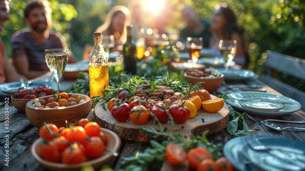 A close-up shot of a table laden with food for a summer gathering, showcasing fresh tomatoes, herbs, and citrus fruits A close-up shot of a table laden with food for a summer gathering, showcasing fresh tomatoes, herbs, and citrus fruits