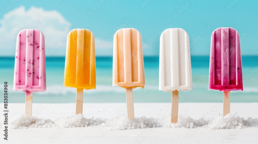 Popsicles in vibrant hues, firmly placed on the white beach, low angle, clear focus, deep blue summer sky in the background, ample space on the right for text or designs, summery and inviting Popsicles in vibrant hues, firmly placed on the white beach, low angle, clear focus, deep blue summer sky in the background, ample space on the right for text or designs, summery and inviting