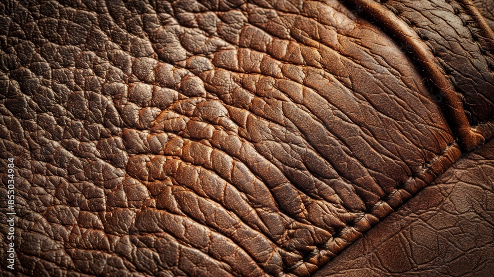 Close-up of a brown leather surface with a visible seam and stitching. The leather has a pebbled texture with a pattern of irregular, raised dots and lines, giving it a grainy appearance Close-up of a brown leather surface with a visible seam and stitching. The leather has a pebbled texture with a pattern of irregular, raised dots and lines, giving it a grainy appearance