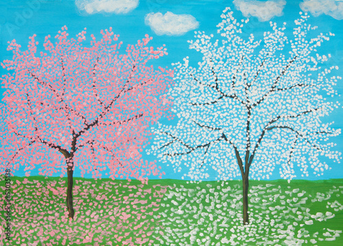 Pink and white spring trees acrylic painting photo