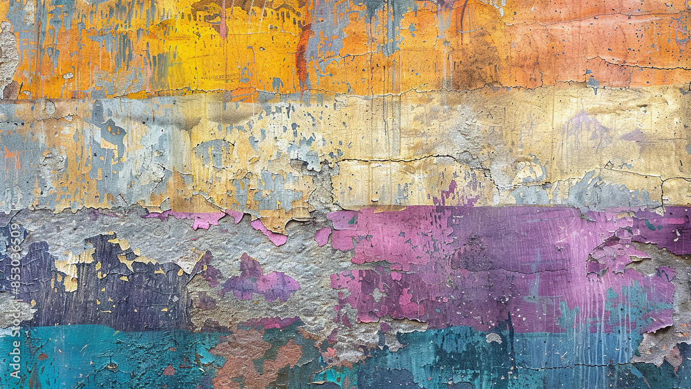 Textured Wall with Peeling Paint in Rainbow Colors - A Distinctive Wallpaper Design for Artistic Spaces Textured Wall with Peeling Paint in Rainbow Colors - A Distinctive Wallpaper Design for Artistic Spaces