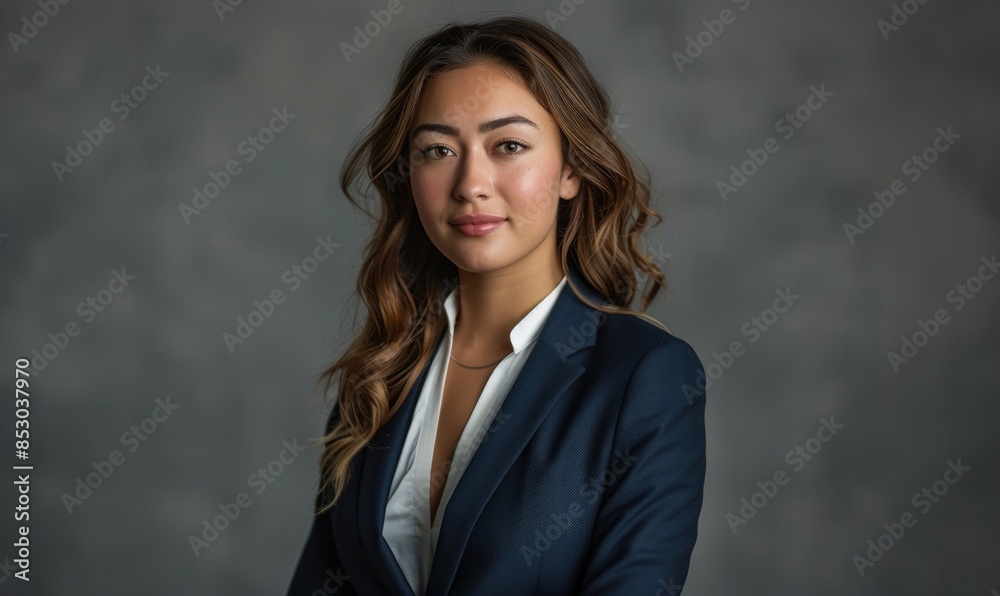 A professional portrait of a businesswoman in a navy blue suit against a neutral gray backdrop