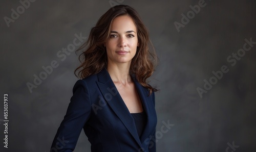 Wallpaper Mural A professional portrait of a businesswoman in a navy blue suit against a neutral gray backdrop, confident, modern, soft lighting, f/3 --ar 5:3 Job ID: 81e18caa-3921-4df7-9b2c-89c687ed91f2 Torontodigital.ca