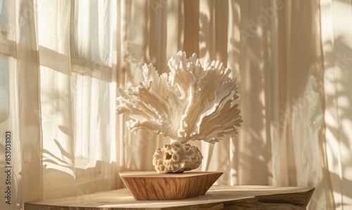 A rustic wooden pedestal with natural finish, displaying a coral brooch on a seaside-themed backdrop photo