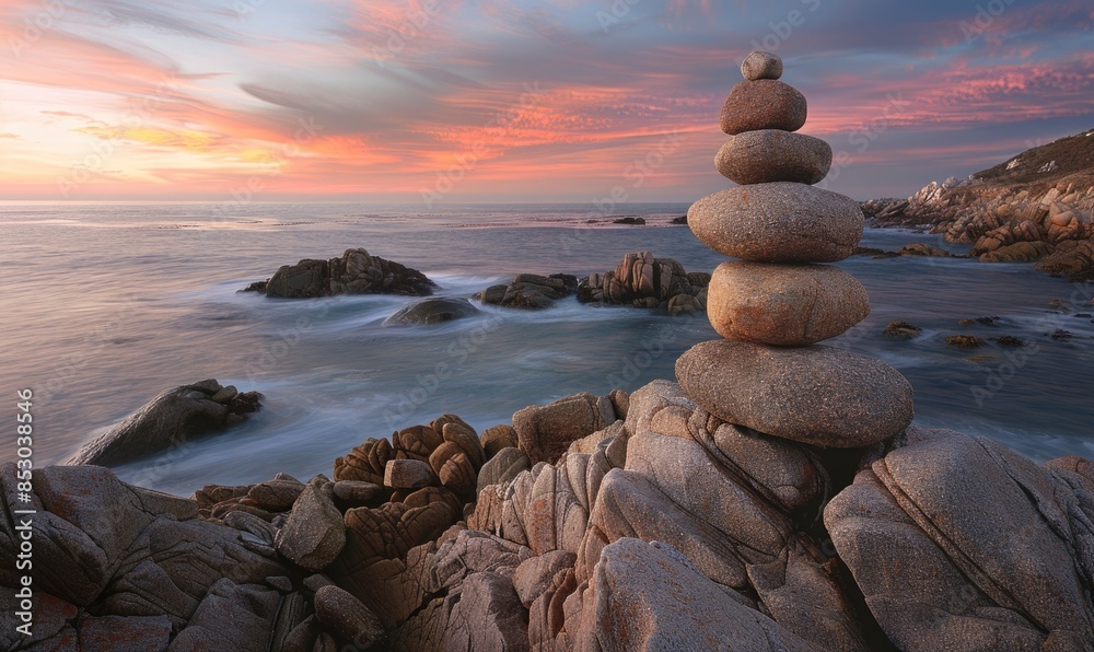 Fototapeta premium A tower of granite rocks delicately balanced by the seashore