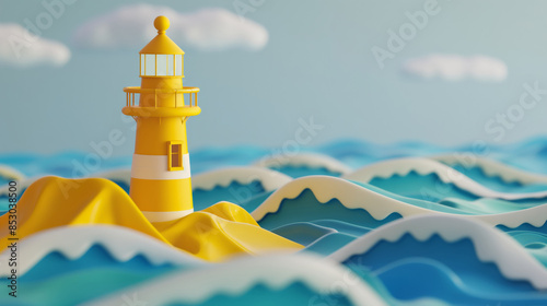3D illustration of a yellow lighthouse standing tall on a paper craft ocean.