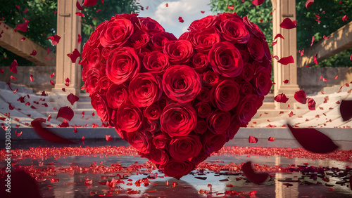 Pétalos flotantes y corazón de rosas rojas en un paisaje con castillo y cielo claro. Formas de amor: Corazón de rosas rojas con reflejo en agua y pétalos en el suelo.