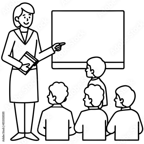 A young lady teaching her students in class vector illustration and line art