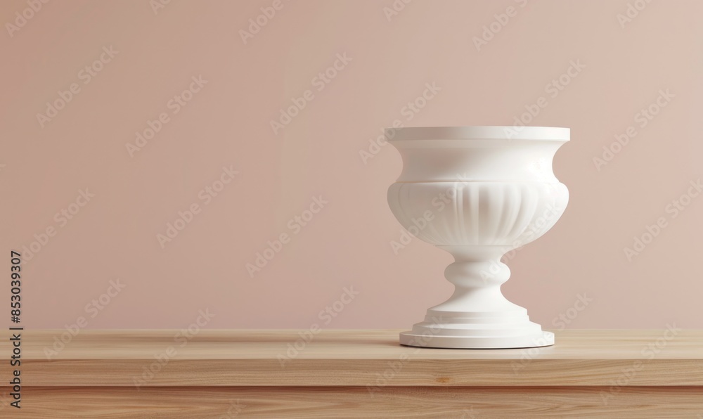 An elegant white ceramic vase on a wooden table against a light pastel backdrop An elegant white ceramic vase on a wooden table against a light pastel backdrop