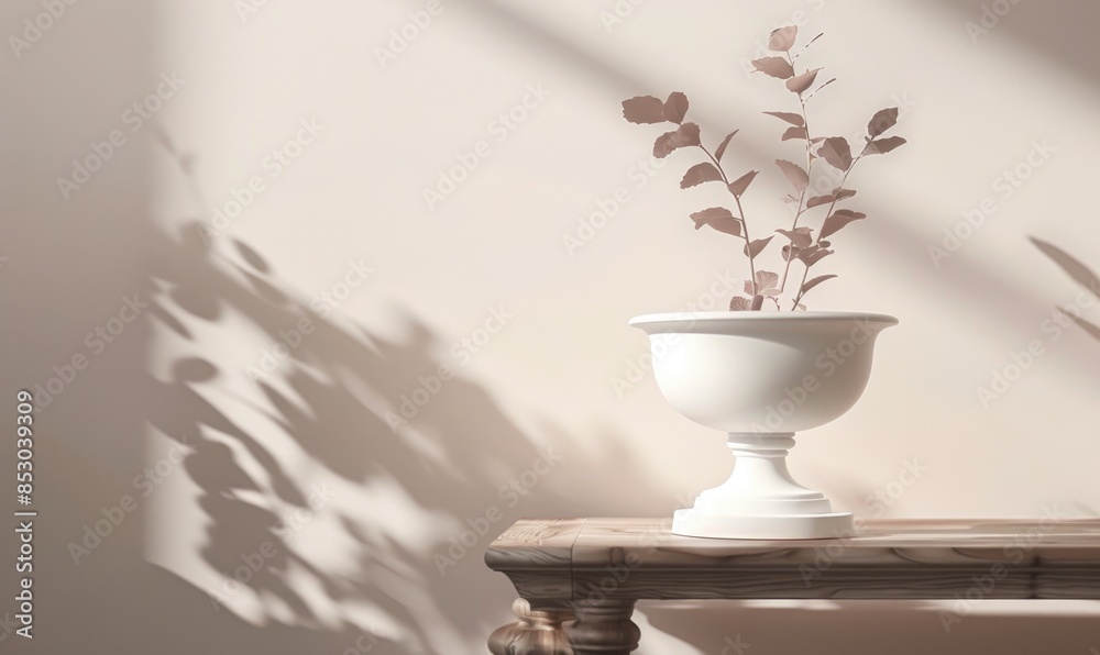 An elegant white ceramic vase on a wooden table against a light pastel backdrop An elegant white ceramic vase on a wooden table against a light pastel backdrop