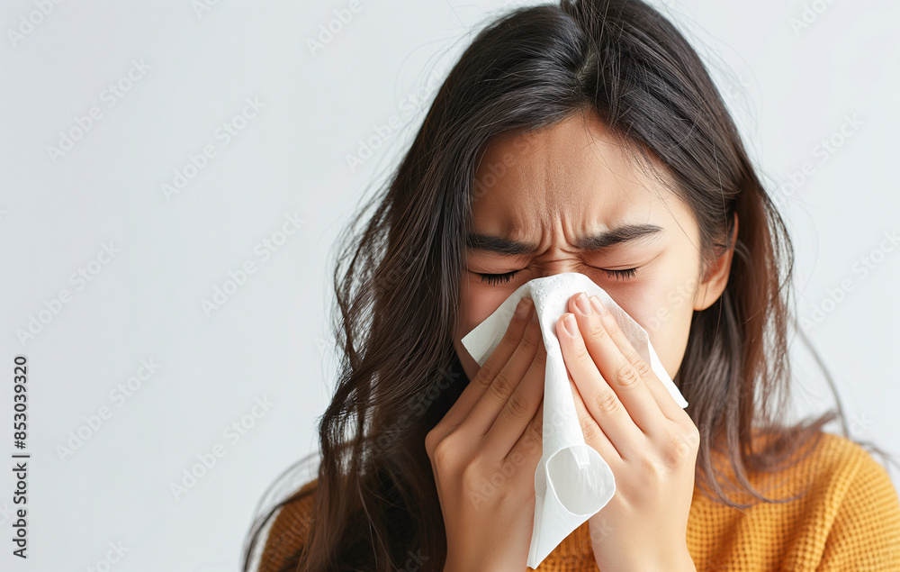 Young woman blowing her nose with a tissue, showing symptoms of a cold Young woman blowing her nose with a tissue, showing symptoms of a cold