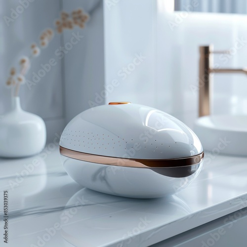 High-angle view of an innovative, contemporary scalp massager, glossy ceramic design, 3D CG, with intricate details and soft reflections, positioned on a minimalist, matte surface. photo