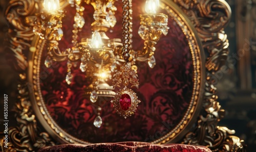 An ornate gold-plated pedestal with intricate details, presenting a ruby pendant on a luxurious velvet backdrop