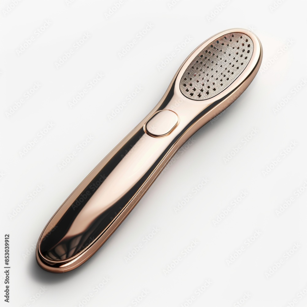 High-angle view of a sleek, modern scalp massager, metallic finish, photorealistic digital rendering, soft shadows, and detailed textures, set against a clean, white background. High-angle view of a sleek, modern scalp massager, metallic finish, photorealistic digital rendering, soft shadows, and detailed textures, set against a clean, white background.